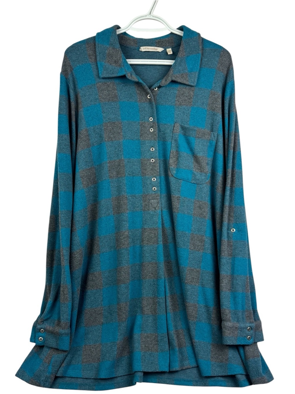 Soft Surroundings Mad About Plaid Popover Grey and Blue Grey Tunic Top 3X